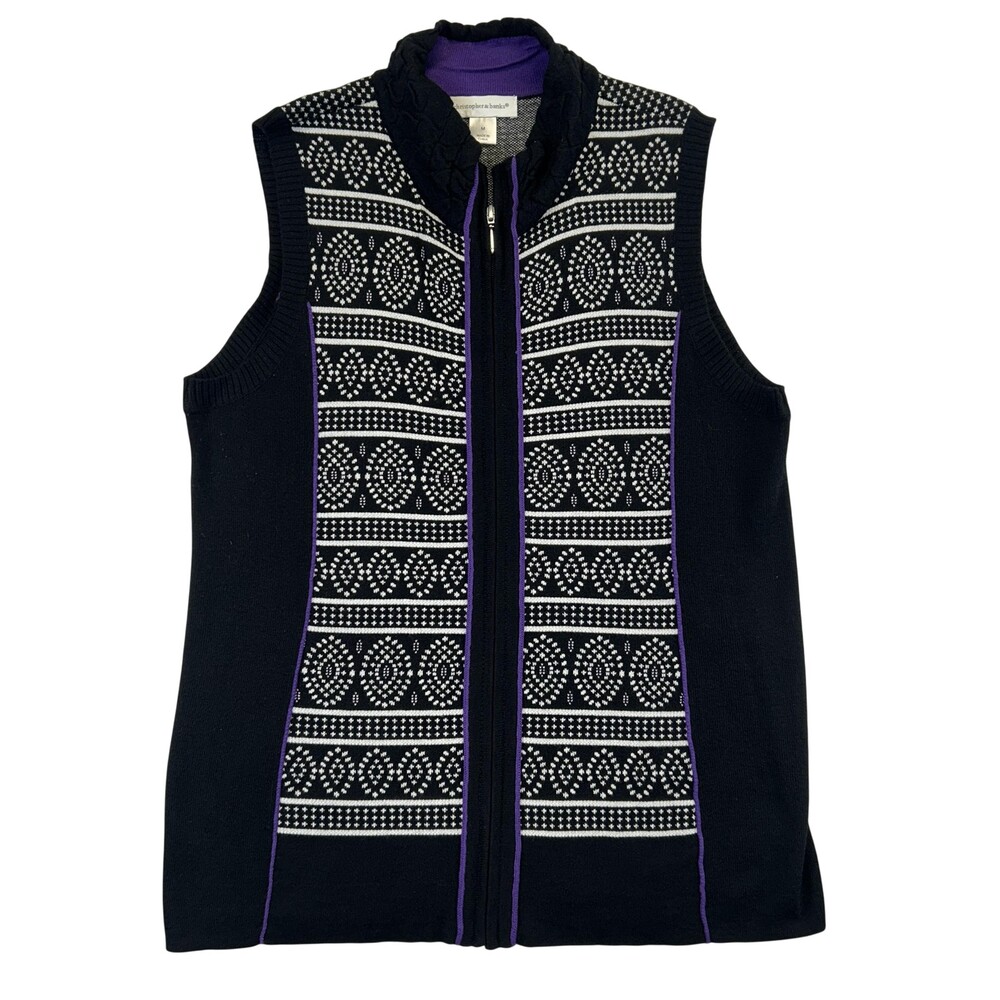 Christopher & Banks Sweater Vest Womens Medium Black Fair Isle Full Zip Knit